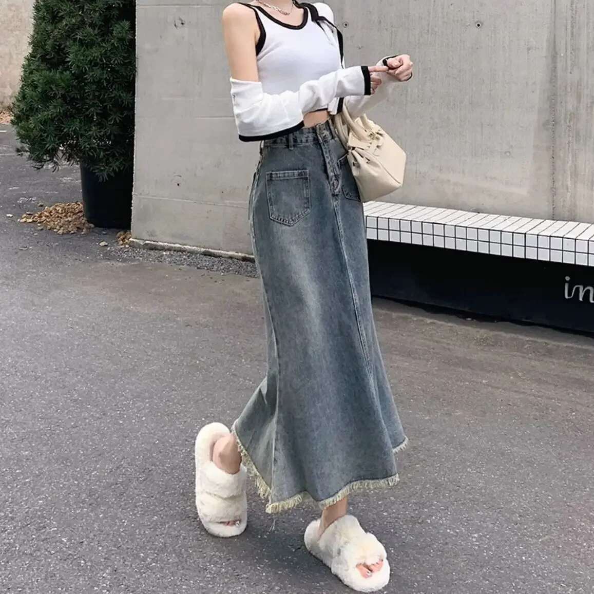 Korean Style Premium Fashion Blue High Waist Jeans Skirts for Women Stylish Modest Aesthetic Luxury Elegant Woman Denim Skirt