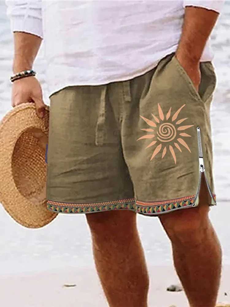 Vintage Zip-up Side Split Shorts Mens Summer Beach Casual Loose Drawstring Men Cotton Linen Shorts Fashion Pattern Print Shorts Z250617