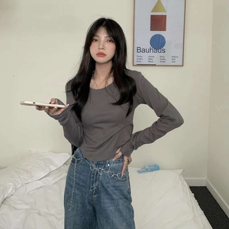 Slim Clothing Black Top for Women Brown Woman T-shirt 2025 Tshirt Plain Cotton Simple Cheap Stylish with Sleeves Tee Long Sleeve