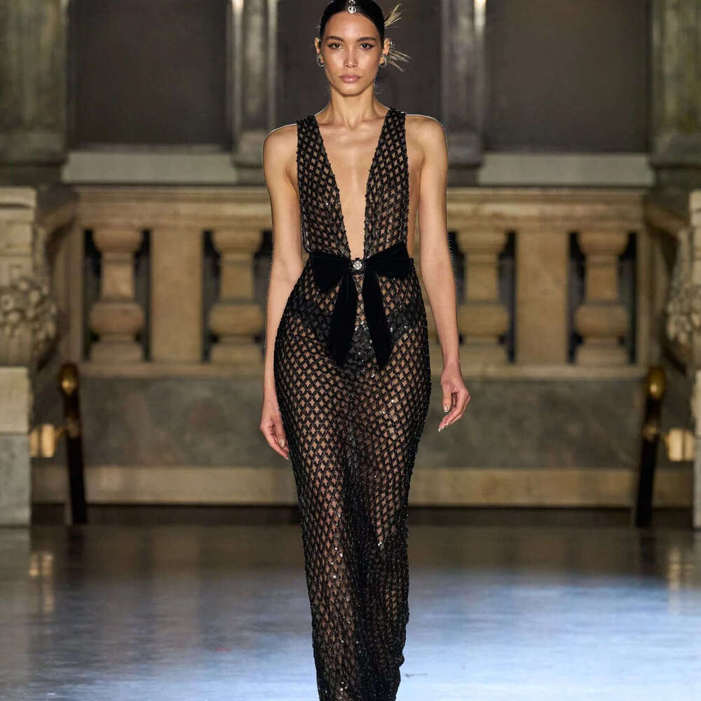 New Women's Sexy Mesh Lightweight Fashion Elegant with Deep V Design Long Dress