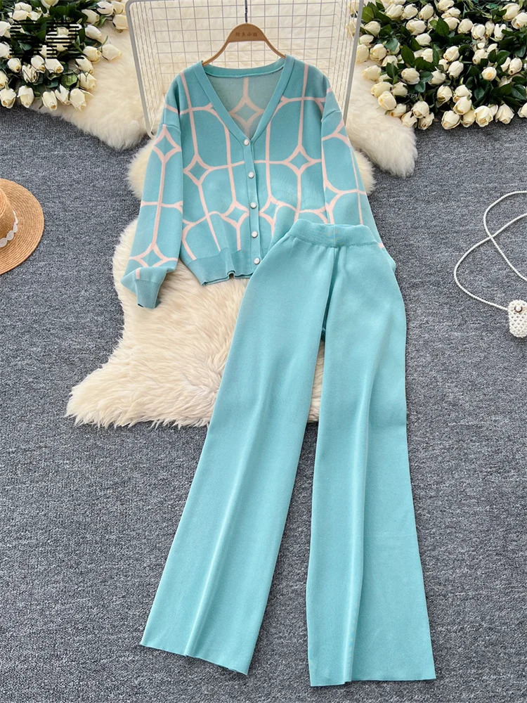 SINGREINY Basics Print Knit Two Pieces Sets Autumn Winter Single Breasted CardiganWide Leg Long Pants Fashion Streetwear Suits 250616