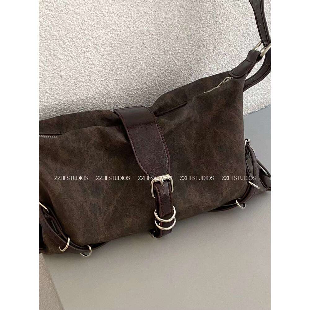 Studios Niche Design Brown Single Shoulder Underarm Motorcycle Bag Vintage Retro Style Hot Girl