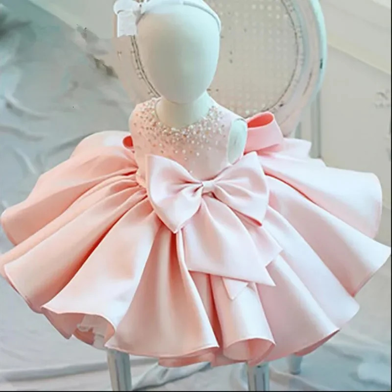 Fashion Beaded Bow Baby Girl Dress Princess Fluffy Tulle Infant Clothes Baby Girls Baptism Christening 1st Birthday Gown 250617