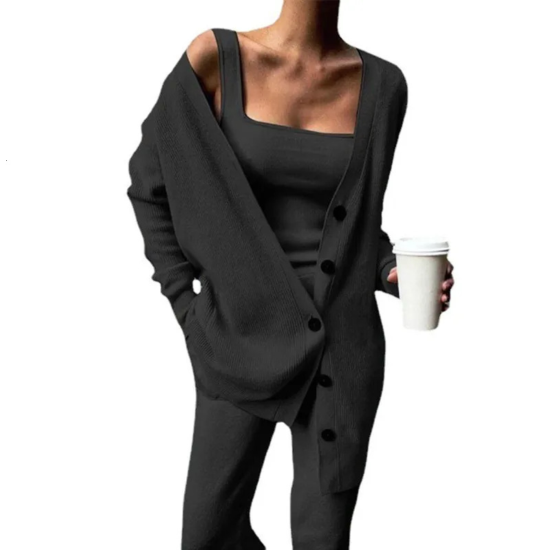 Knitted three piece set for womens style outerwear vest pants set 250616