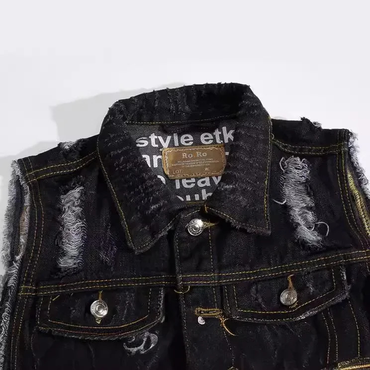 Mens Black Denim Vest Youth Lapel Ripped Casual Vest 250614