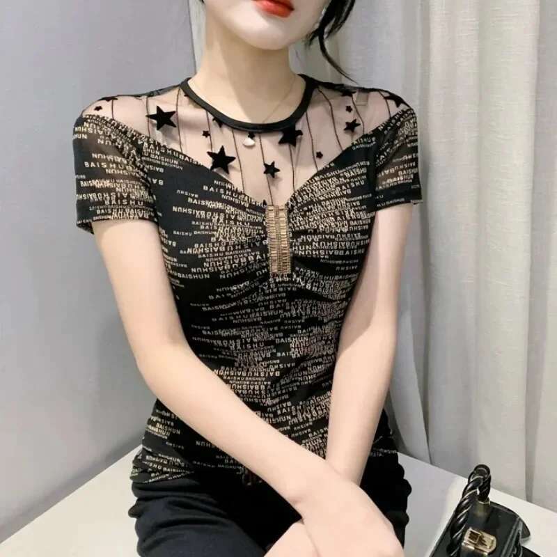 Short Sleeve Womens T-shirt Lace Female Top Japanese Vintage Clothes Y2k Fashion Korea Clearance Tee Korean Trending Clothing