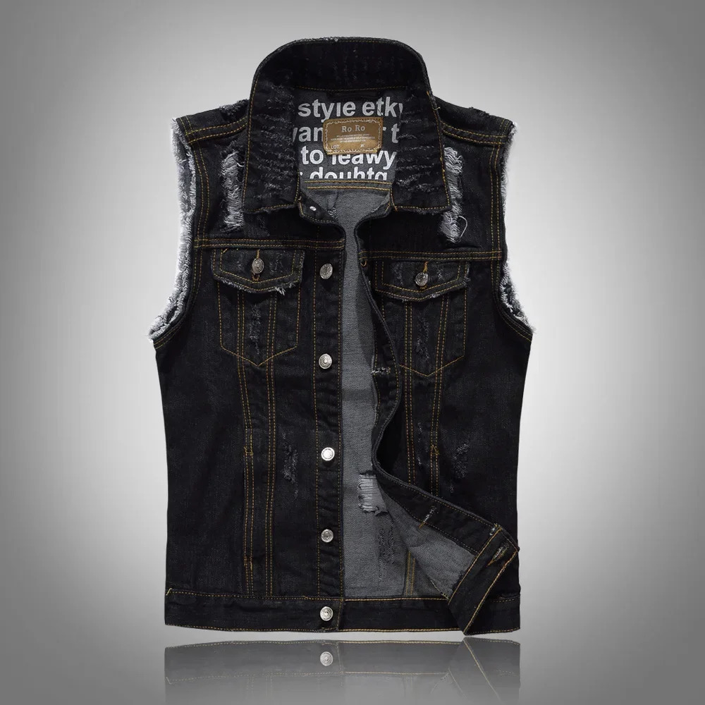 Mens Black Denim Vest Youth Lapel Ripped Casual Vest 250614