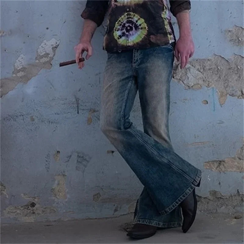 Vintage Mens Big Flared Jeans Male Youth Four Seasons Casual Deep Blue Denim Pants Fashion High Waist Trousers Streetwear 250616