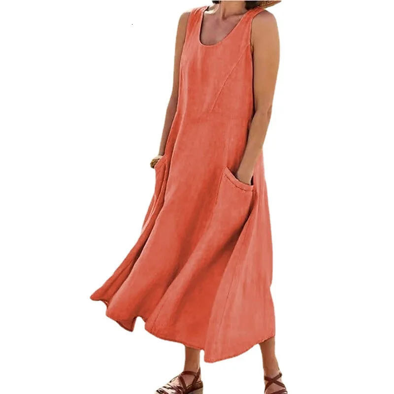 Women Coton Linen Sundress Summer Female Sleeveless Double Big Pocket Loose Sand Beachwear Long Dress Oversized S-5XL LRFZ-818 250616