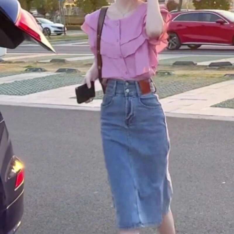 Female Jeans Skirts Midi New In Womens Denim Skirt Stylish 2025 Trend High Quality Casual Modest Offer Original Hot V Summer