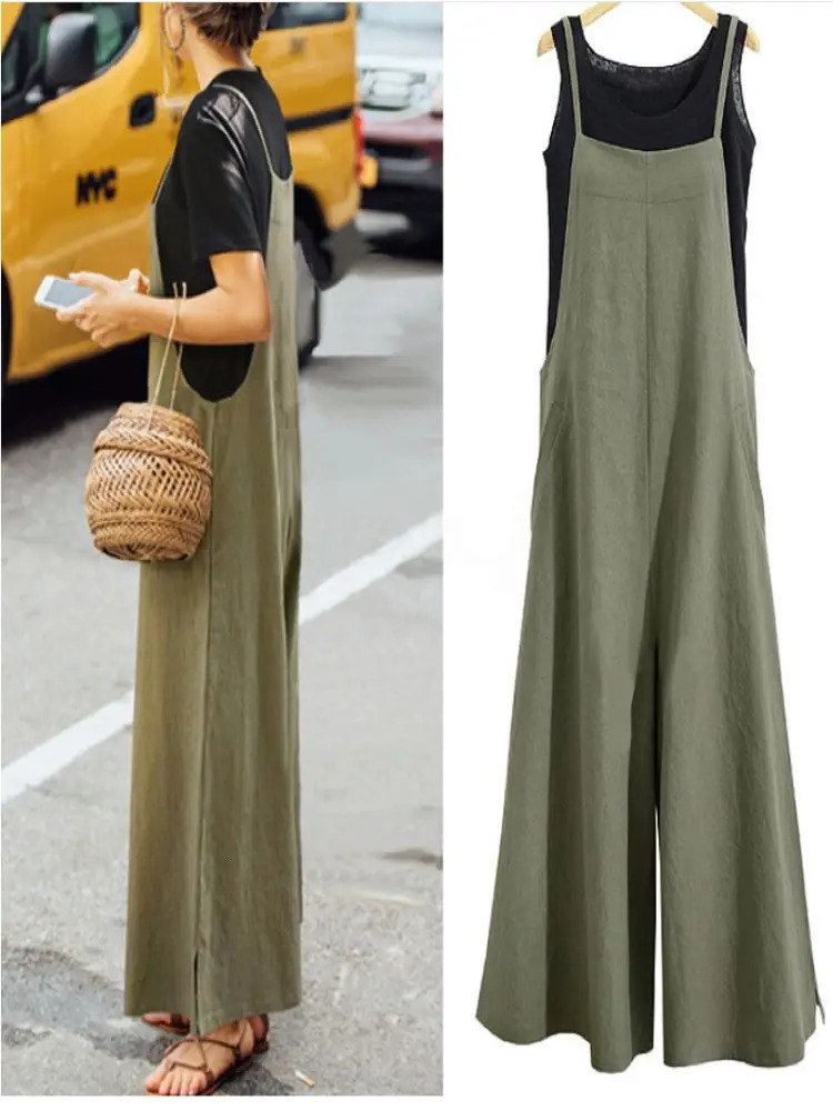 Womens Summer Sleeveless Jumpsuit Solid Color Wide Leg Bib Overalls Casual Loose Cotton Linen Straps Dungaree 250616