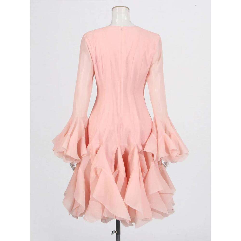 Designer Clothing 2025 Pink Patchwork Ruffle For Women Round Neck Flare Sleeve High Wait Slim Elegant Midi 107Cm Dress Female 2025