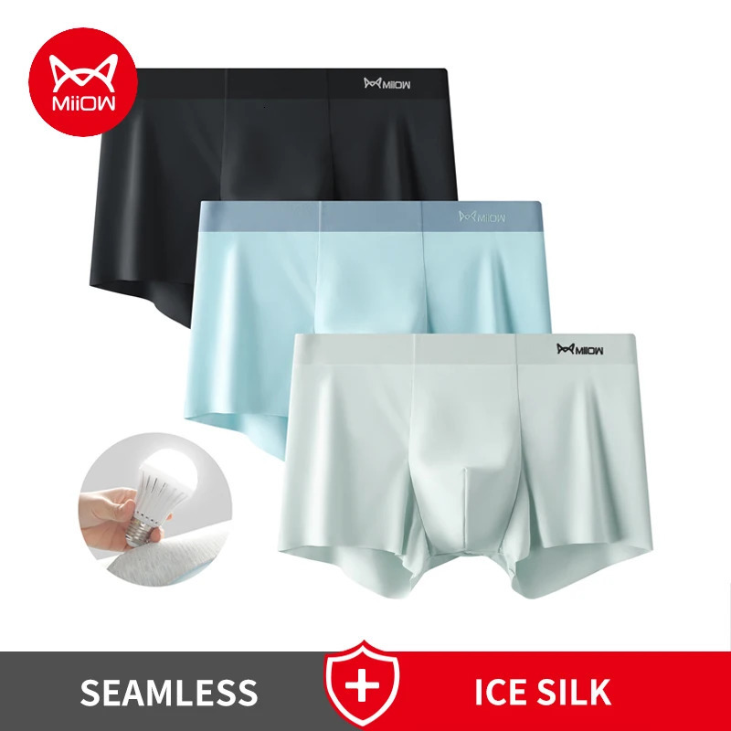 MiiOW 3pcs Ice Silk Man Underwear Boxers Metal Fiber Antistatic Men Underpants Sexy Seamless Cut Hem Mens Panties Boxershorts 250614