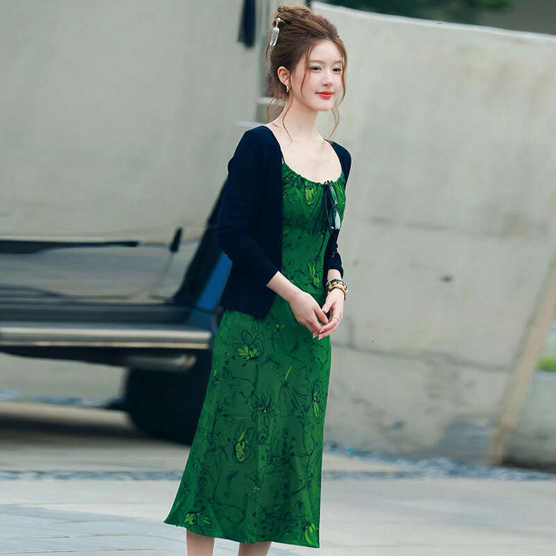 Maxi Dress Bodysuit Skirt Dress Festival Wedding Guest Dress for Women 762 Zhao Lusi Celebrity Style Green Ballet Girl and Butterfly Print Silk Slip D