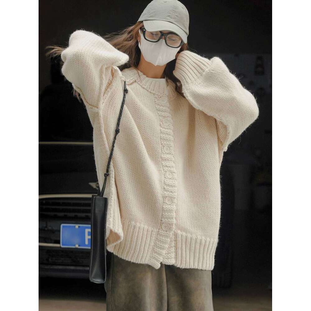 Autumn and Winter Women's Casual Solid Round Neck Long Sleeve Loose Cardigan Sweater