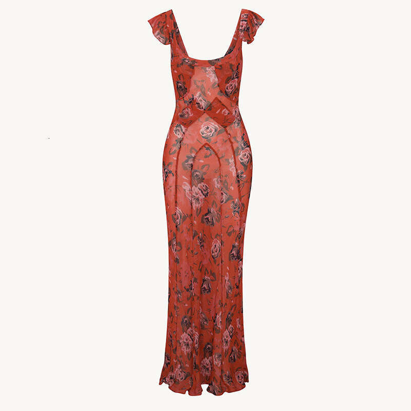 Whitedress Calf Womens Dresses June 689 Round Neck Silk Low-cut Dress with Ruffles Waist-cinching Slim Fit Printed Vacation Style Sexy and Sheer for W