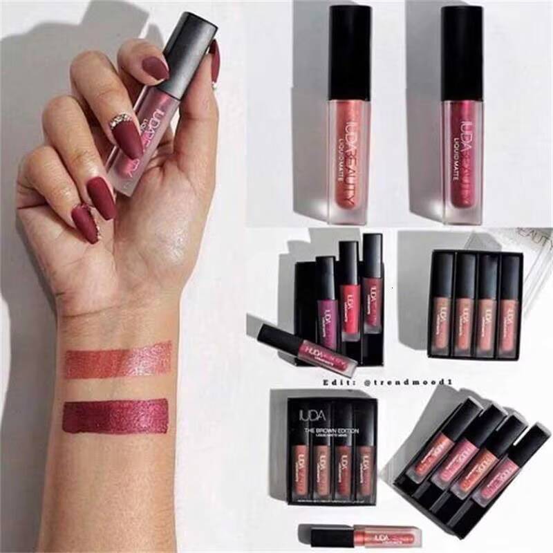 4pcs Lipstick Set Matte Gloss Waterproof Glaze Tint Non-stick Non-Fading Lips Huda Makeup Cosmetic Lip Care happy