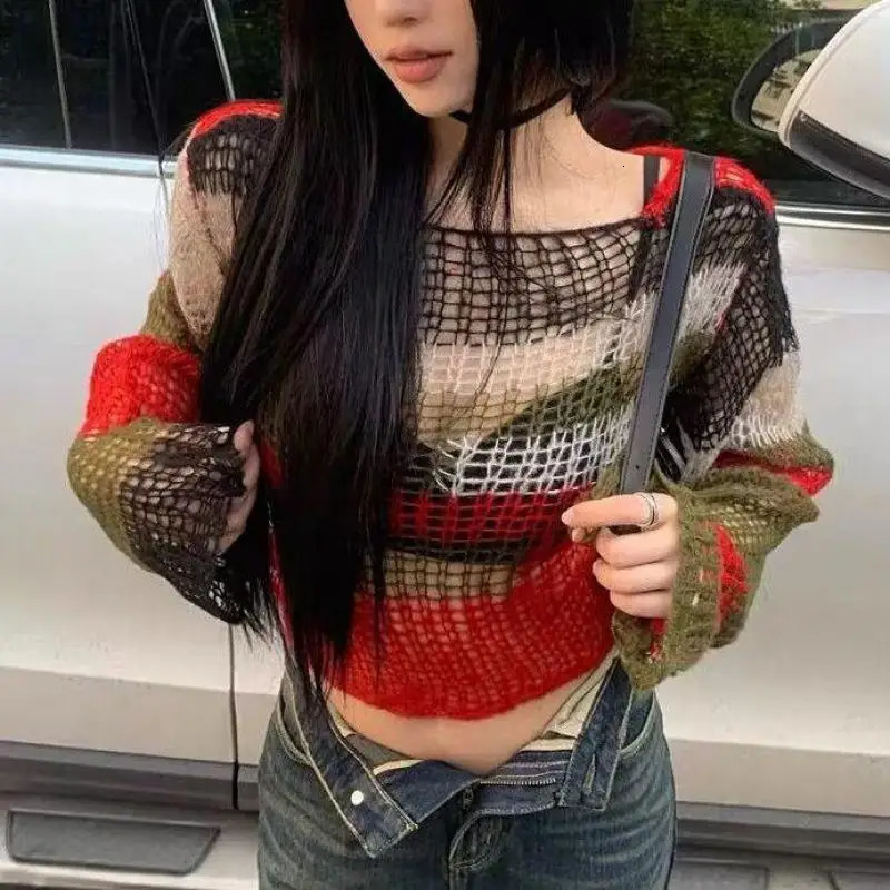 Yedinas Striped Knit Tops Vintage Grunge Hollow Out Jumpers Japanese 2000s Hole Thin Pullover Sweater Women Korean Knitwear Y2k 250614