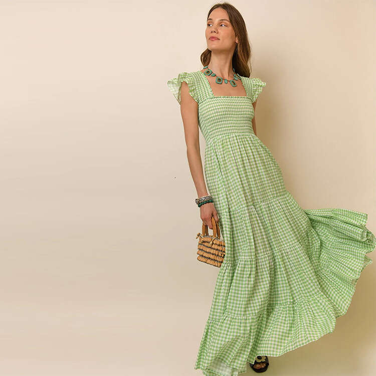 Fulllace Designer Dress Goth Vestidos De Noche Womandress 604 Summer New 2025 Green Plaid Pure Cotton A-line Square Neck Flutter Sleeve Long Dress Fre