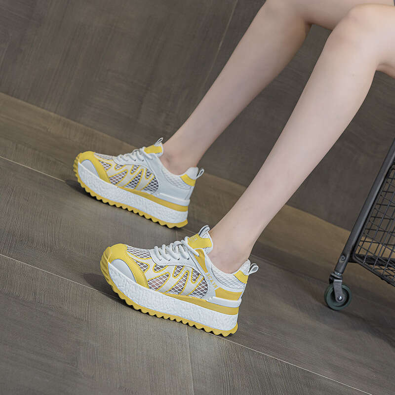 White Sneakers Height Increasing 2025 Casual Fashion Versatile Korean Style Thick Sole Breathable Mesh New Dad Women's Shoes