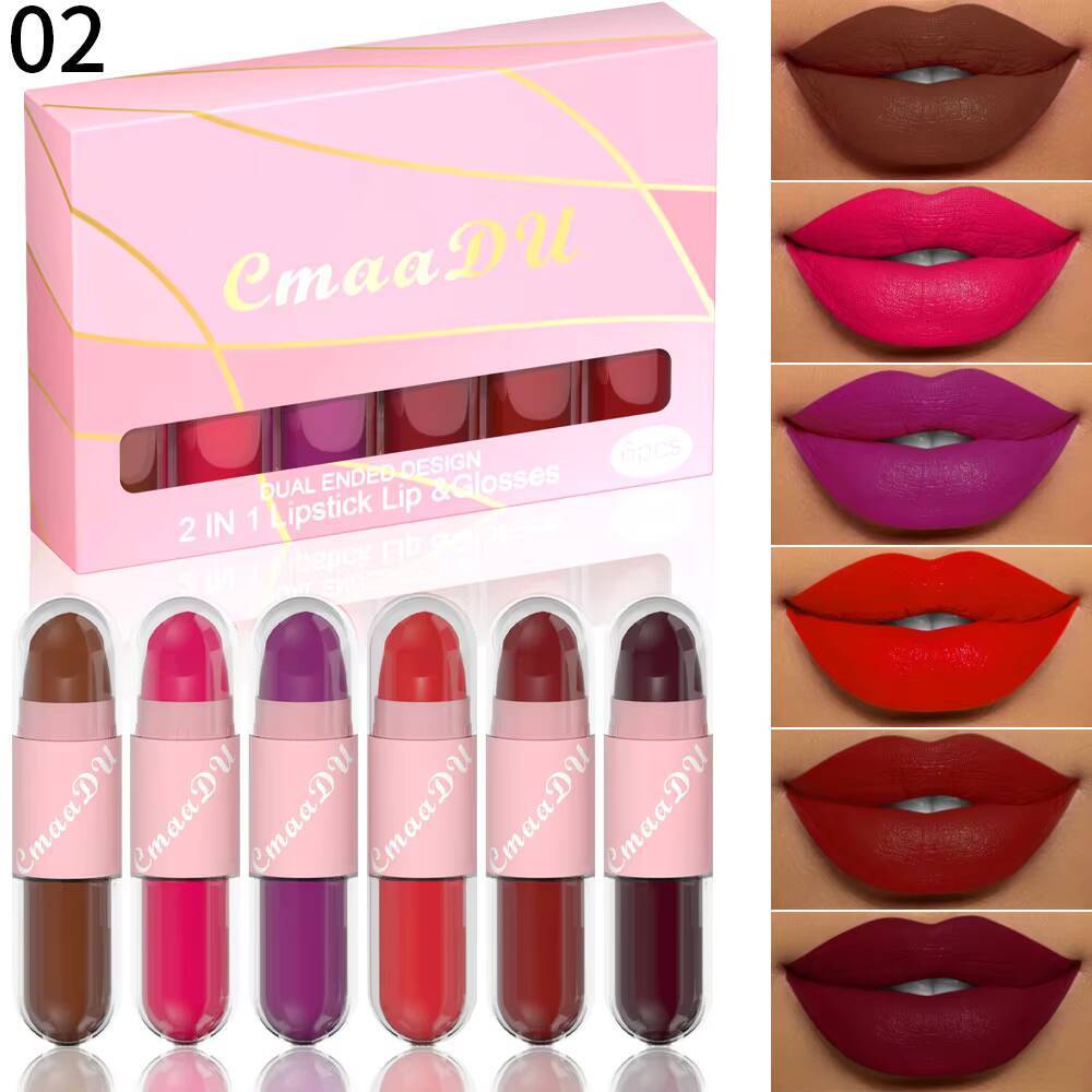 CmaaDu 2 IN 1 lipstick lip & glosses 6-piece matte Lipstick Face Color waterproof small size light weight easy to carry happy