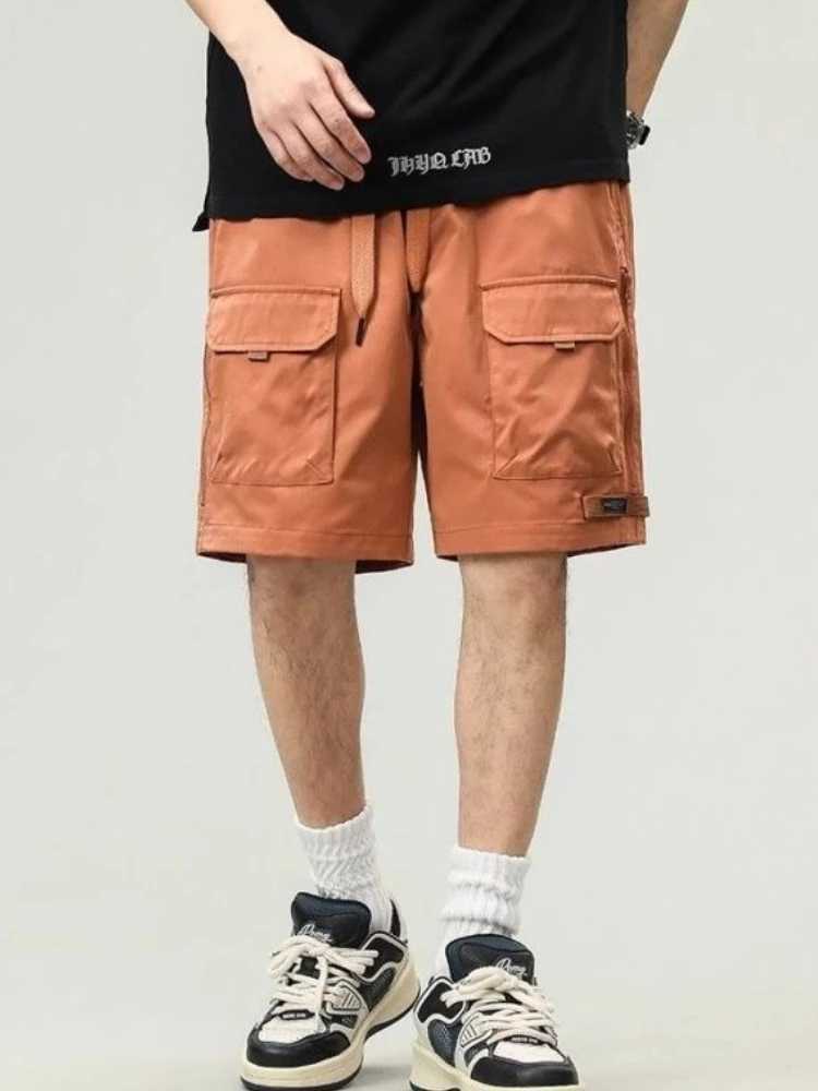 Mens Cargo Shorts with Zipper Loose Male Short Pants Orange Bermuda Popular Elegant Comfortable Distressed Nylon Clothes Wide Z250617