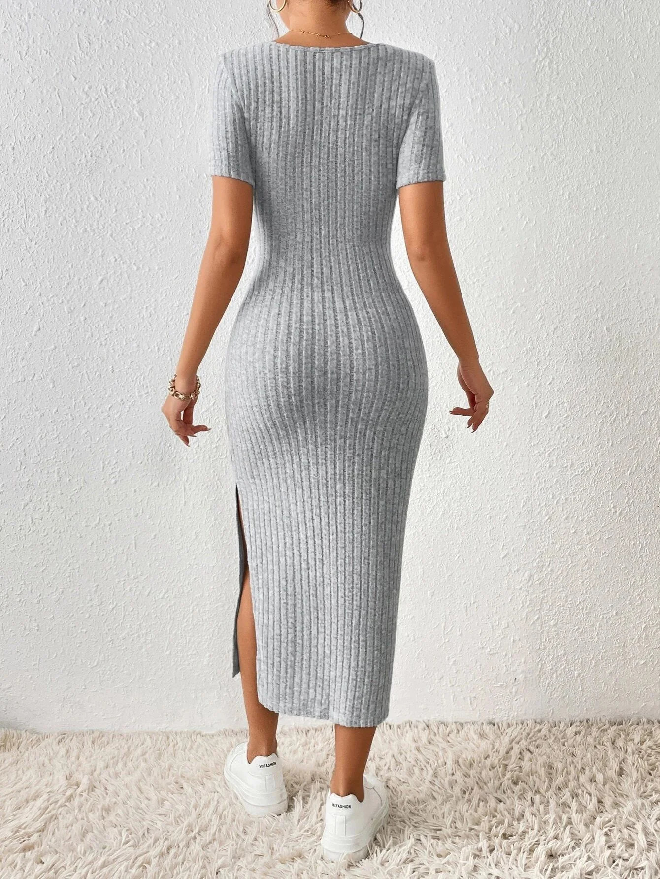 Women Spring Summer Style Knitted Dress Lady Casual Short Sleeve Square Collar Side Slit Dress Vestidos 250616