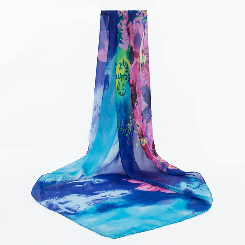K1051 95 Large Size Chiffon Printed Square Scarf Women's Korean Style Silk Scarf Head Scarf Square Scarf Sunscreen Decorative Scarf