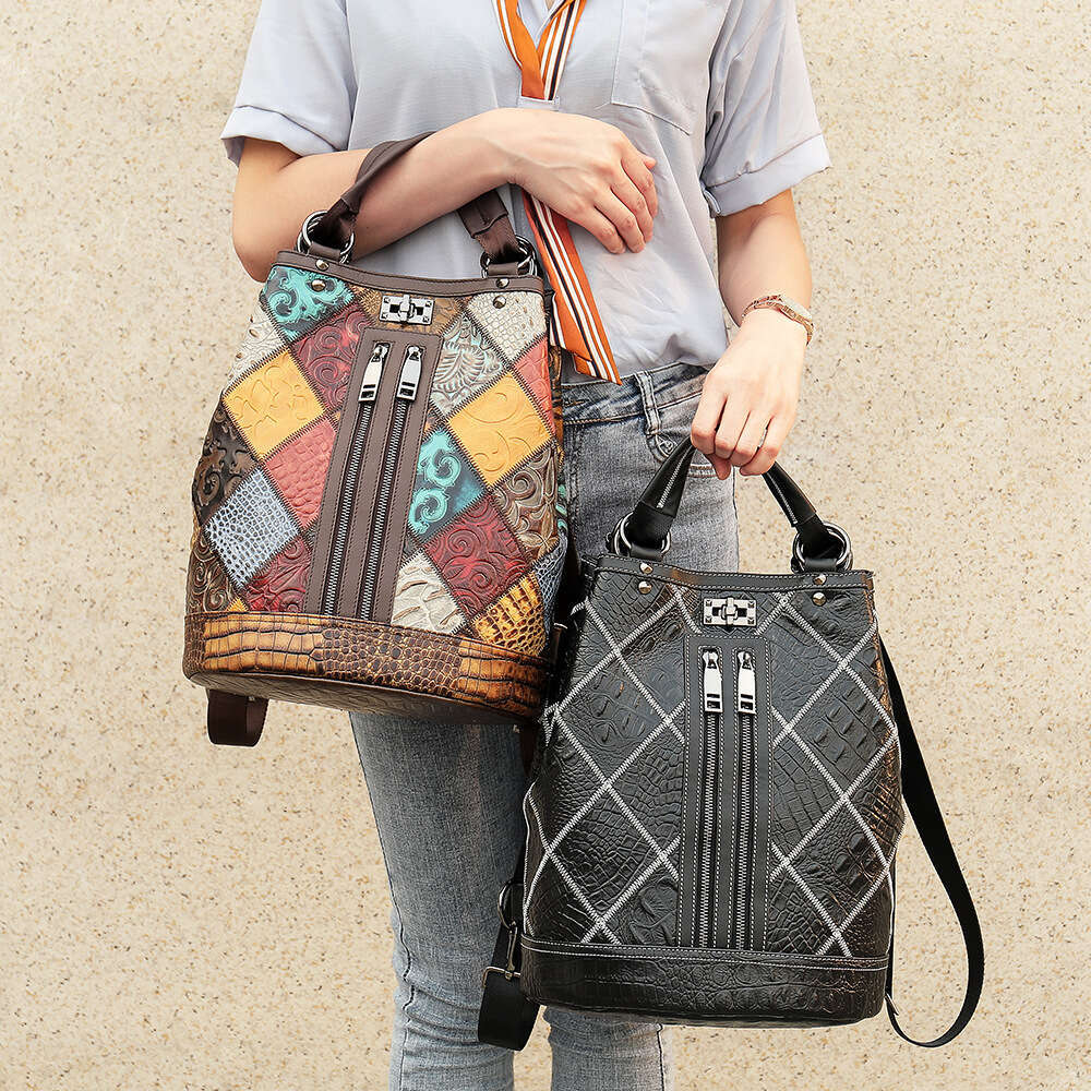 Bucket Bag Travel Backpack Ethnic Style Women's Genuine Leather Large Capacity Cowhide Patchwork Fashion and leisure