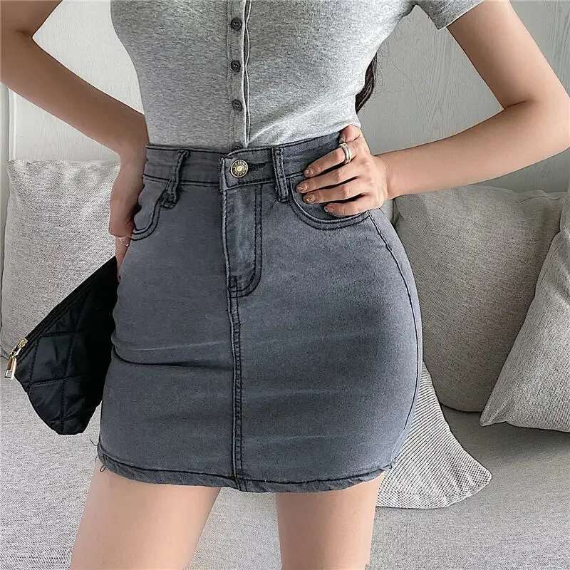 High Waist Grey Short Woman Denim Skirt Mini Y2k Vintage Korean Style Streetwear Chic and Elegant Modest Jeans Skirts for Women