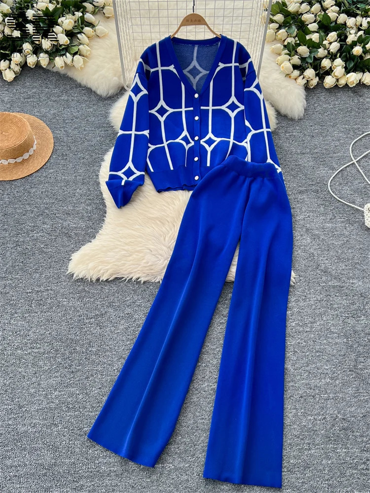 SINGREINY Basics Print Knit Two Pieces Sets Autumn Winter Single Breasted CardiganWide Leg Long Pants Fashion Streetwear Suits 250616
