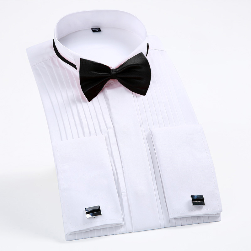 Mens Wing Tip Collar Dress Shirt White Red French Cuff Button Men Wedding Shirt Business Formal Party Tuxedo Dress Shirts Bowtie