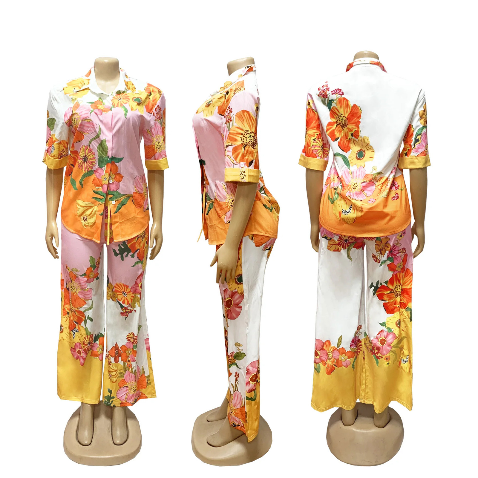 CM.YAYA Fashion Floral Printed Womens Set Half Sleeve Blouse Shirt and Wide Leg Pants 2025 Two 2 Piece Sets Outfits Tracksuit 250616