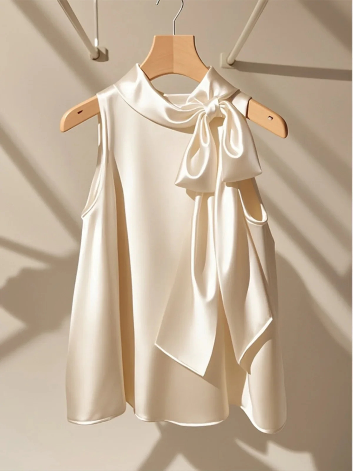 Autumn Fashion High end Chic Champagne White Satin Halter Neck Tank Top Women Blouses Light Mature French Bow Sleeveless Shirt 250614