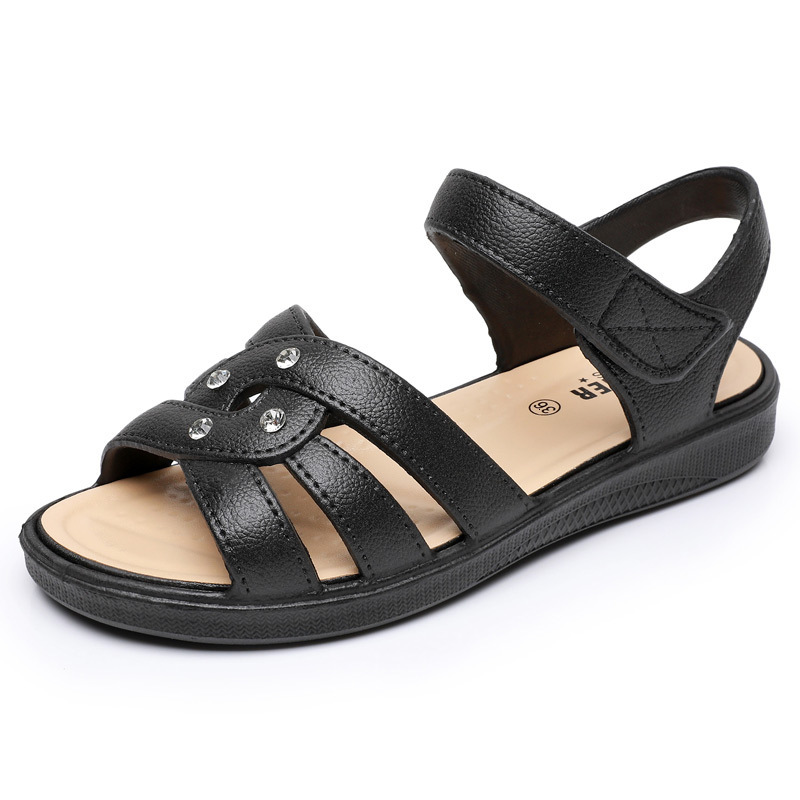 Women's sandals summer flat bottomed soft soled non slip shoes, wear-resistant, hollow breathable, rhinestone, Velcro women's shoes