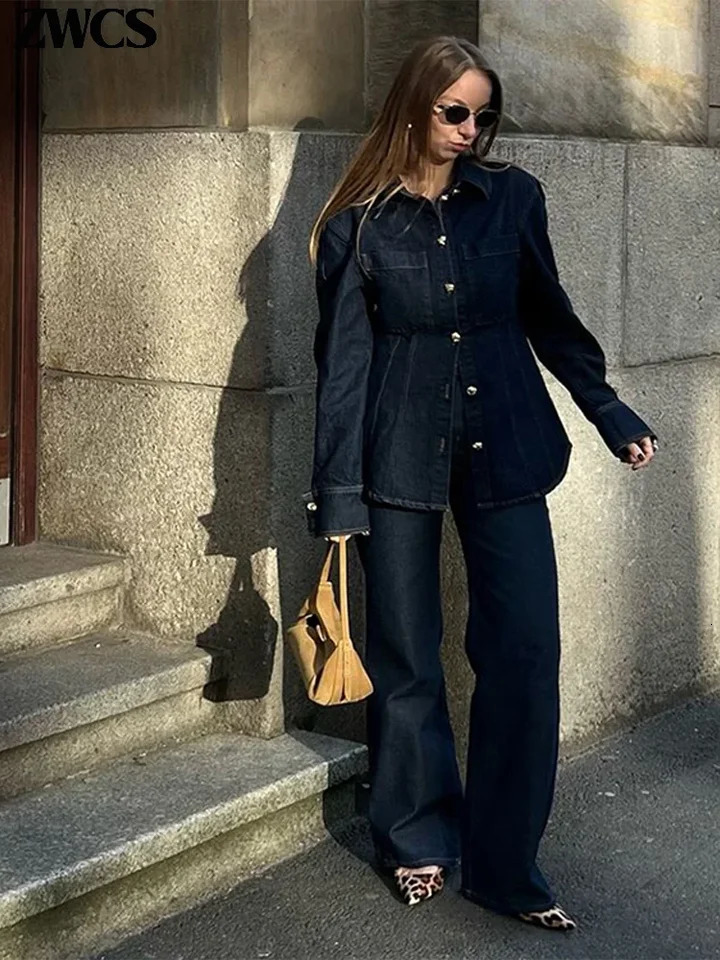 Fashion Denim Jackets Jeans Suit Women Street Lapel Single Breasted Pockets Jacket Loose Denim Pants 2025 Ladies Vintage Set 250616