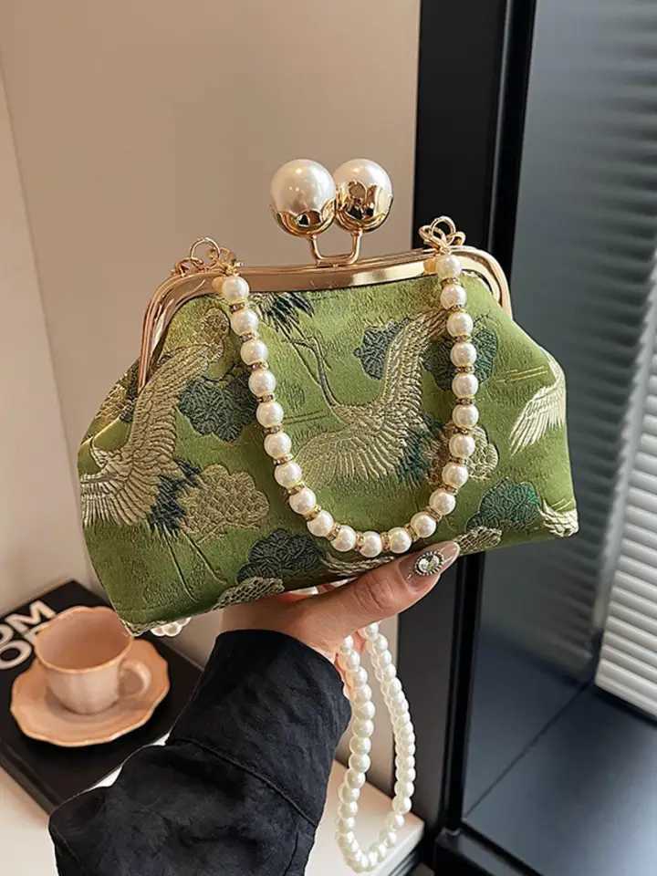 Fashionable And Clip-On Chinese Evening Bag With Contrasting Flower Print Simple Pearl Chain Elegant Crossbody Bag Z250617