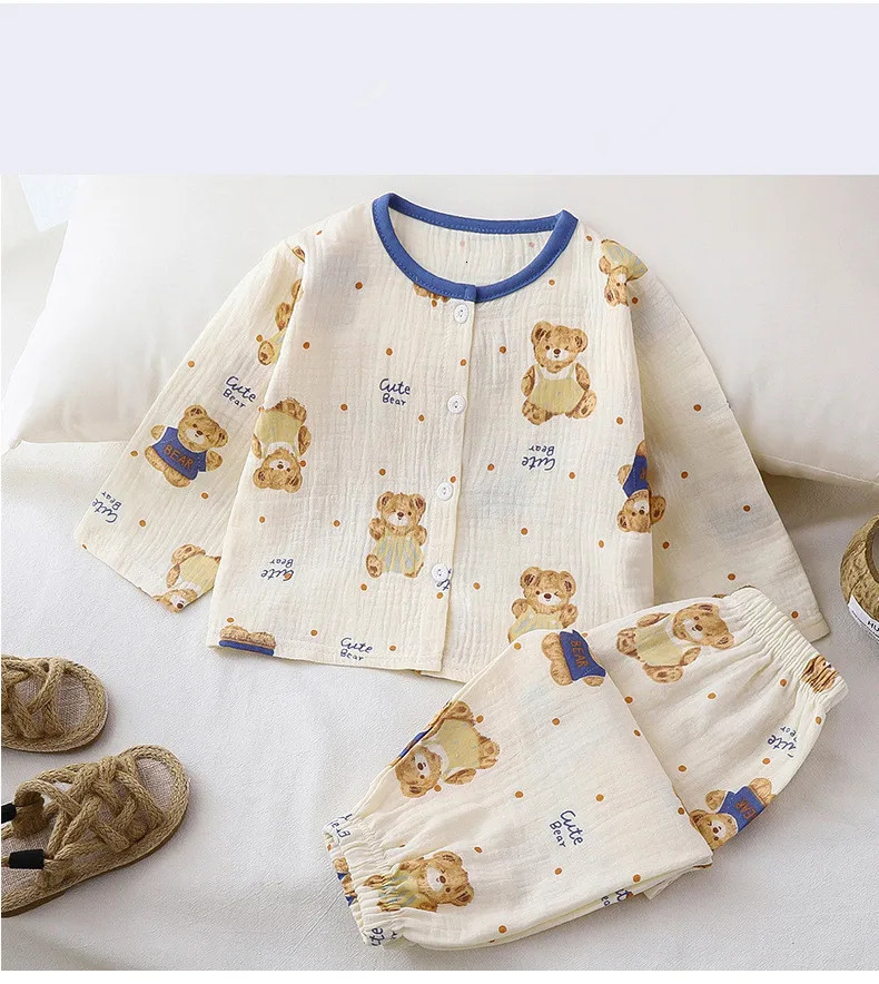 Girls Summer Cotton Gauze Thin Pajamas Home Wear Cartoon Floral Print Long Sleeve Lace Trimmed Sleepwear Baby Clothing Set 250617