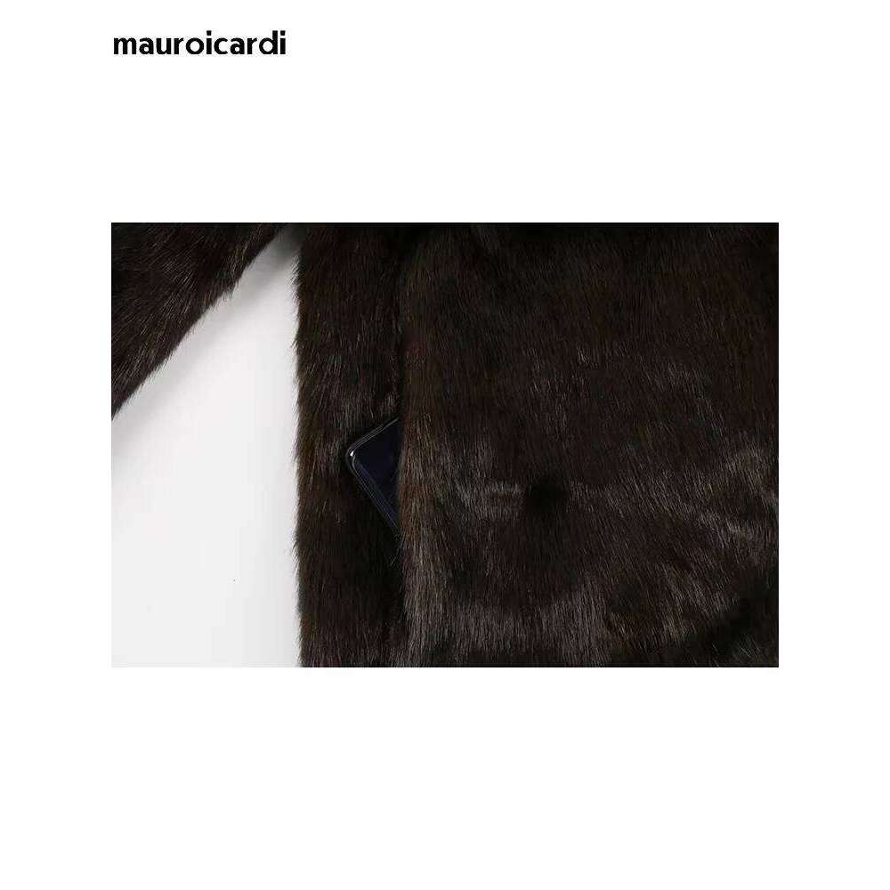Mauroicardi Winter Extra Long Thick Warm Brown Fluffy Faux Mink Fur Coat Women Shawl Collar Elegant Vintage Overcoat 2025