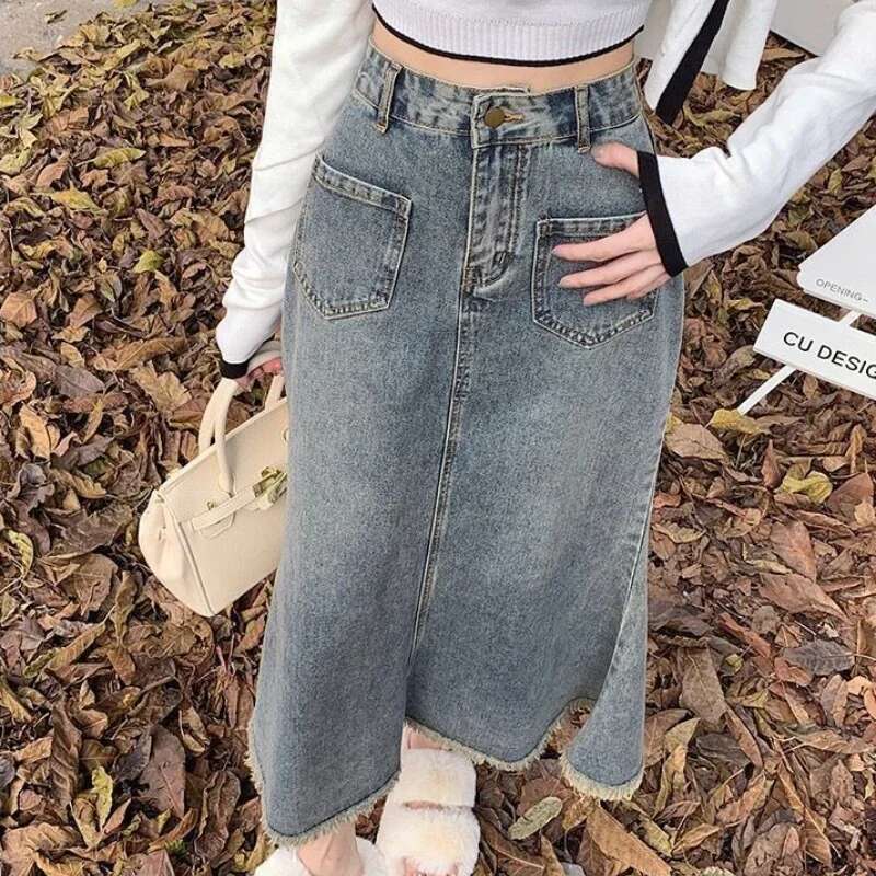 Korean Style Premium Fashion Blue High Waist Jeans Skirts for Women Stylish Modest Aesthetic Luxury Elegant Woman Denim Skirt