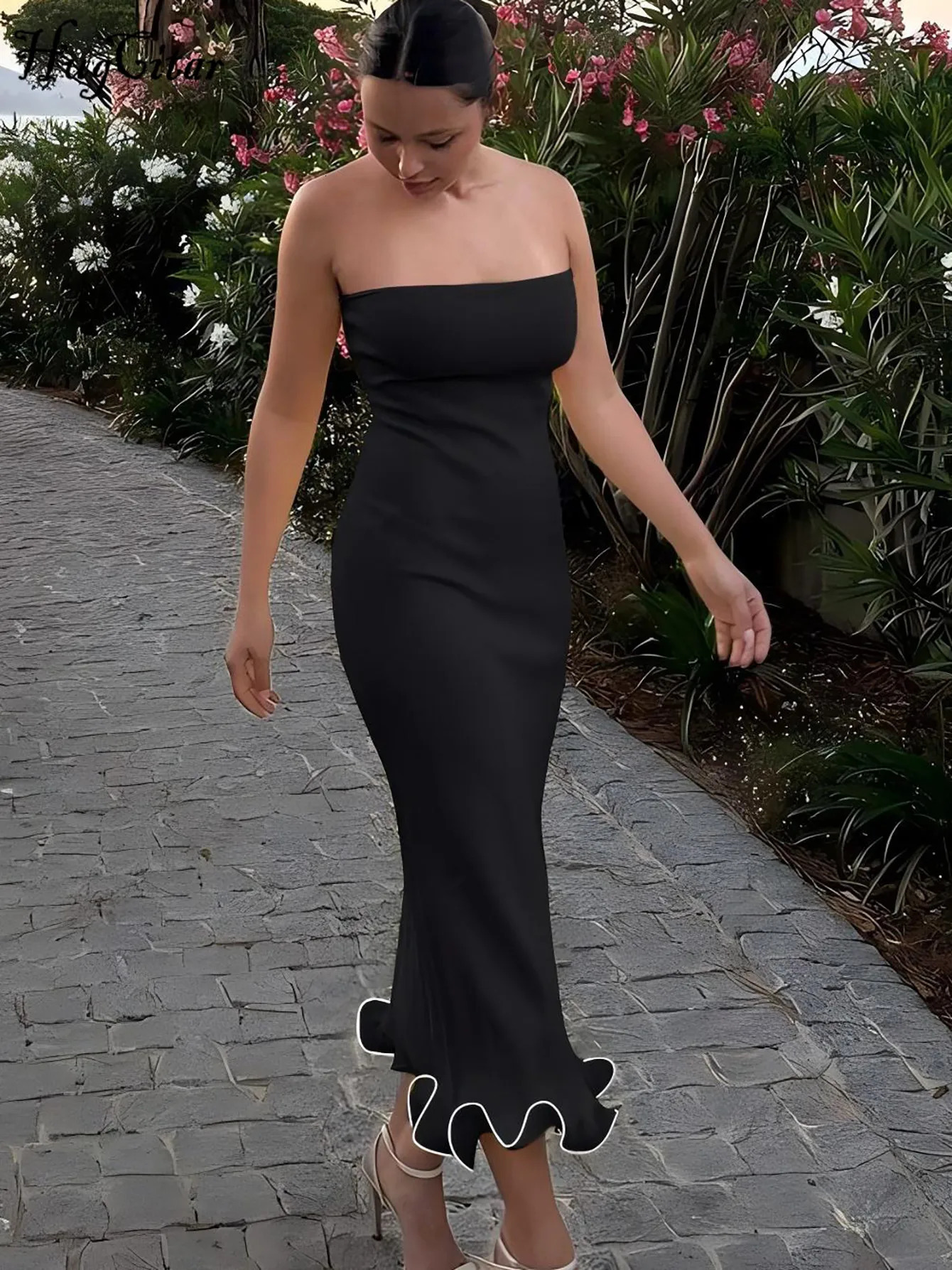 Hugcitar Elegant Solid Strapless Ruffles Sexy Bodycon Maxi Prom Dress Summer Women Fashion Outfit Birthday Party Festival 250616