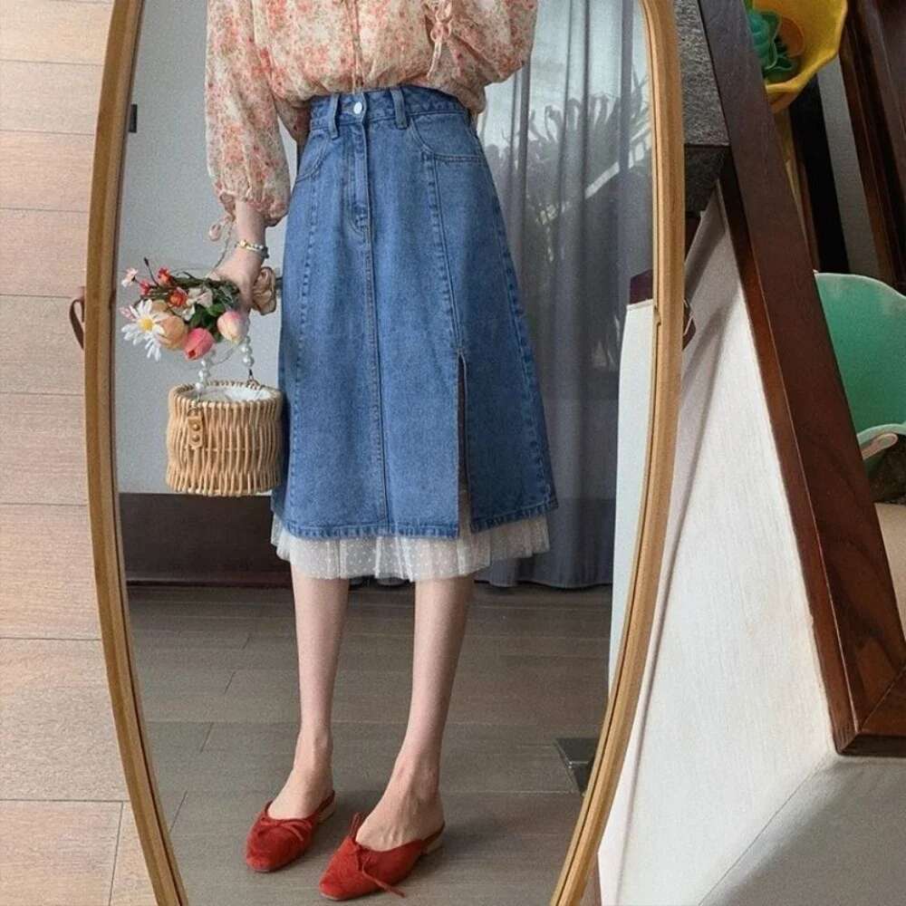 With Slit Lace Splicing Woman Denim Skirt Y2k Vintage Premium New In Streetwear Chic and Elegant Modest Jeans Skirts for Women