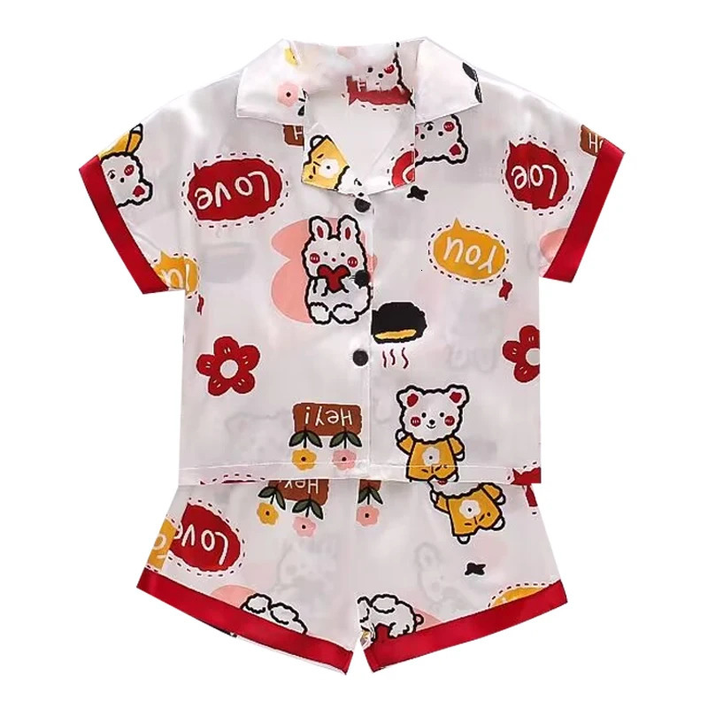 Boys Girls Ice silk satin Cartoon printing Tops Pants Set home Wear Childrens pajamas set Baby suit Kids Clothes Toddler 250617