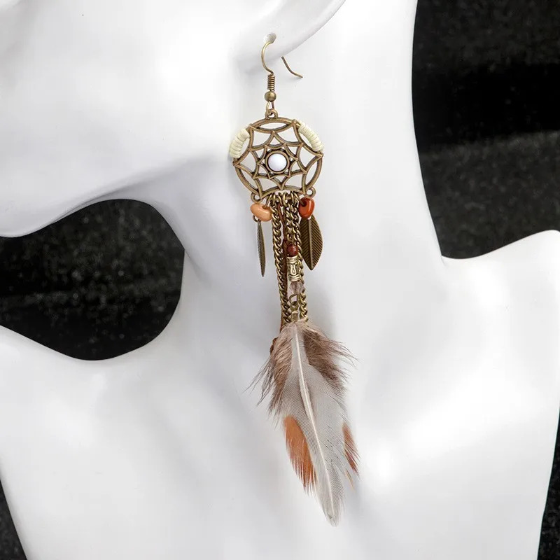 Boho Tribal Ethnic Vintage Dream Catcher Feather Leaf Long Tassel Dangling Earrings Women Vacation Jewelry 250610