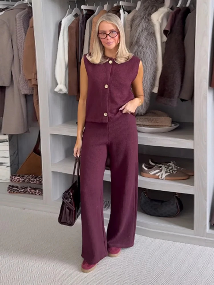 Casual Knit Vest Pants Set Women Solid O-neck Single-breasted Cardigans Wide Leg Trousers 2025 Spring Summer 2 Pieces Lady Sets 250616