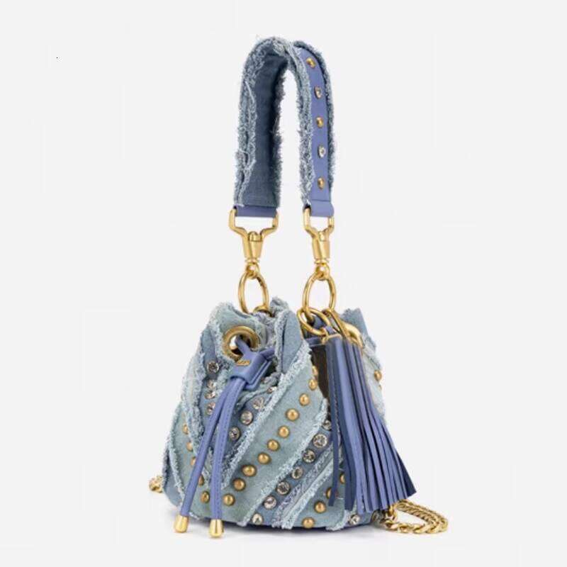 Niche Design Rivet Quilted Denim Drawstring Single Shoulder Bucket New Trendy Women s Bag