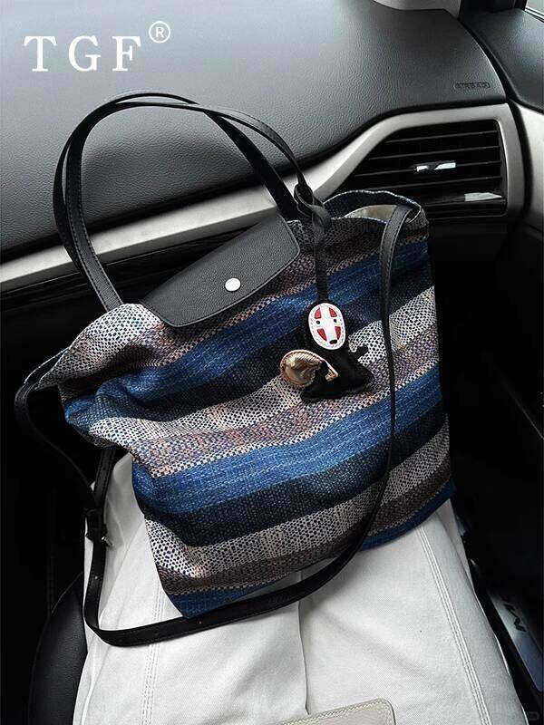 Handheld Canvas for Women New Summer Light Luxury Niche Design Striped Large Capacity Crossbody Tote Bag