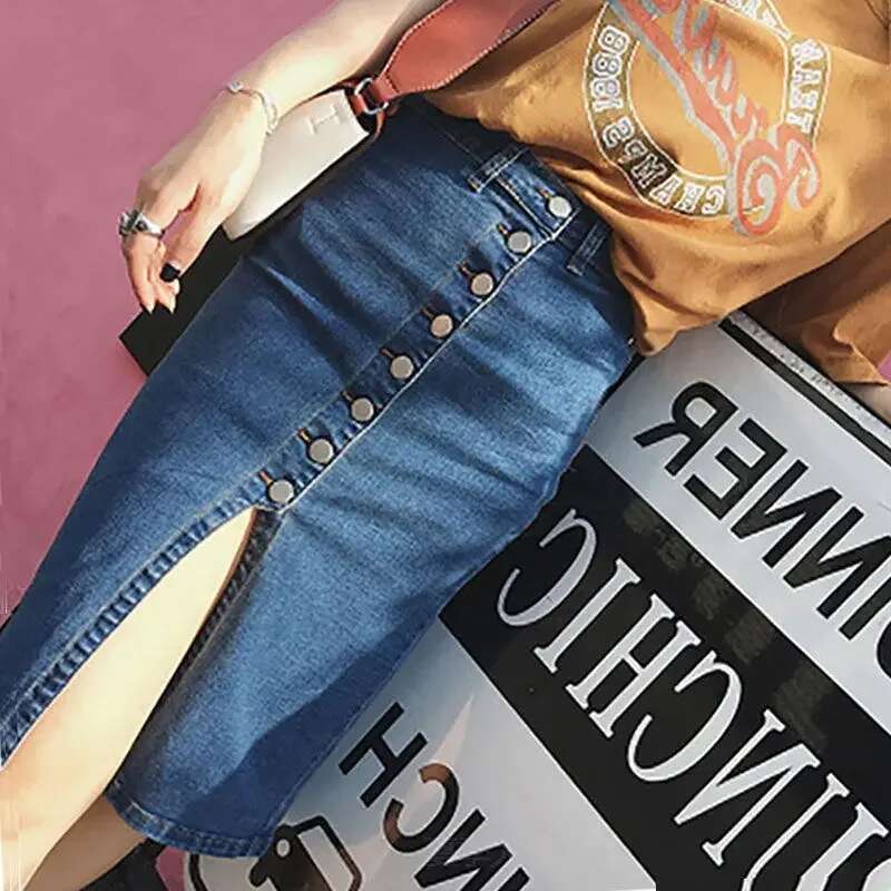 Chubby Coquette Midi Woman Denim Skirt High Waist with Slit Jeans Skirts for Women Sexy To Knees Length Stylish Quality A Line V