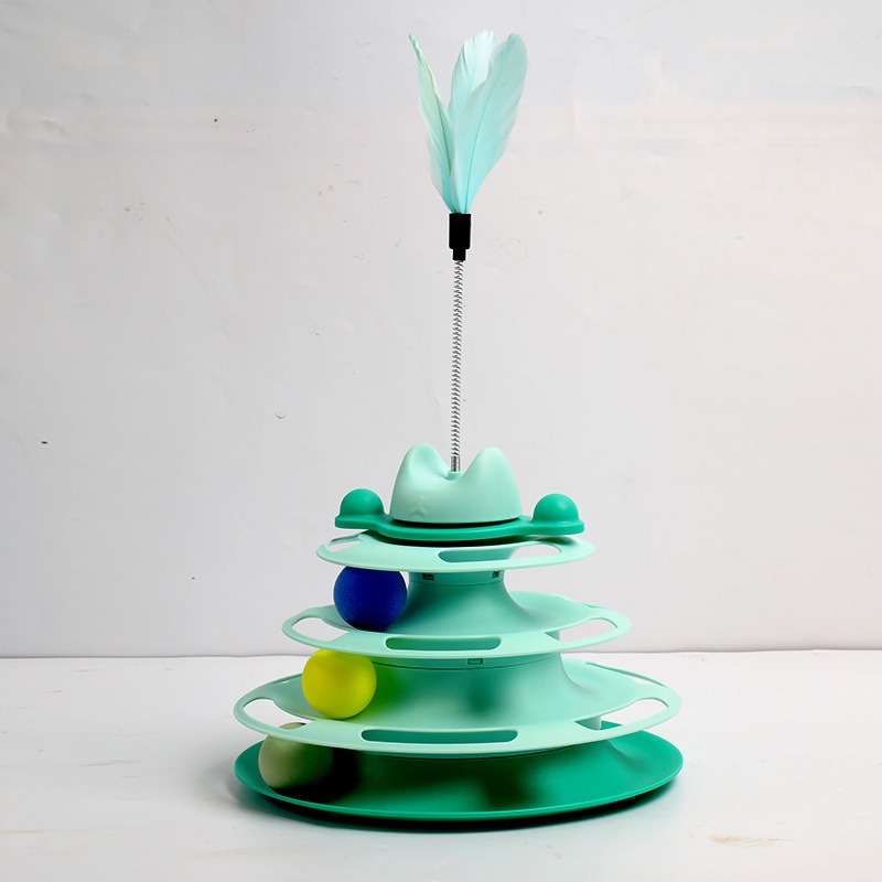 4-Tier Roller Track Cat Toy Tower with Feather Teaser Ball, Interactive Kitten Play Toy