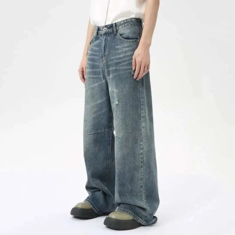 IEFB American Style Mens Denim Pants Washing Fashion Loose Mens Straight Trousers Casual Wide Leg Jeans Summer 9C6303 250616